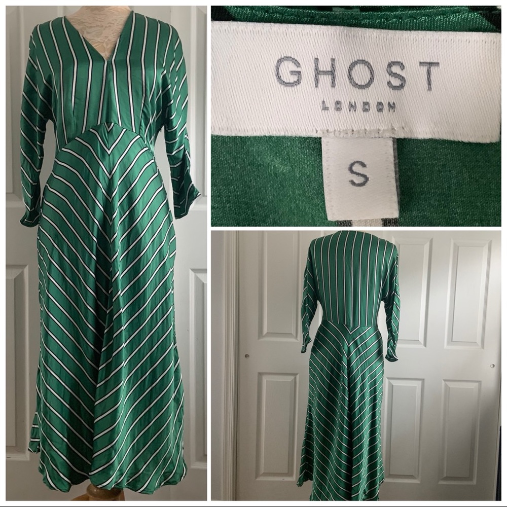 Ghost London Green Striped Satin Midi V Neck Dress Size S Small